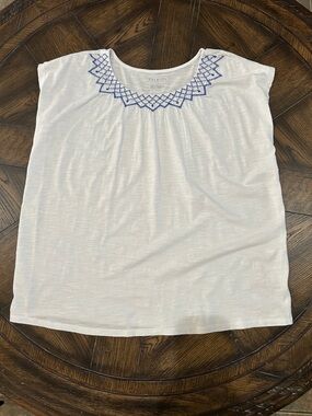 Talbots White Sleeveless Tee with Blue Embroidered Yoke 100% cotton